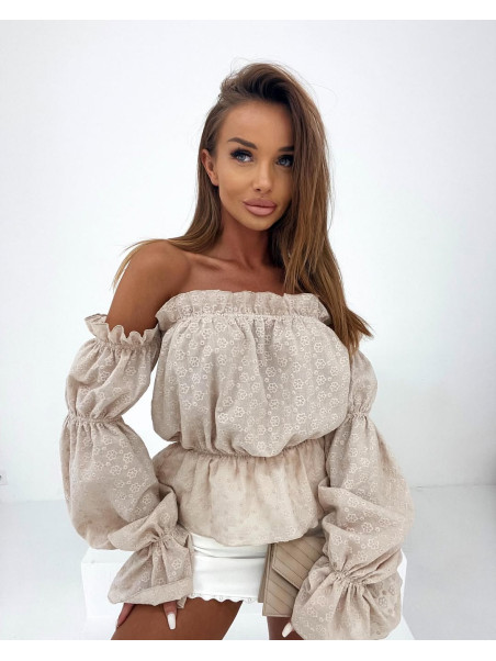 Bluzka Hiszpanka Agatha Fashion Ażurowa Kwiaty Beż