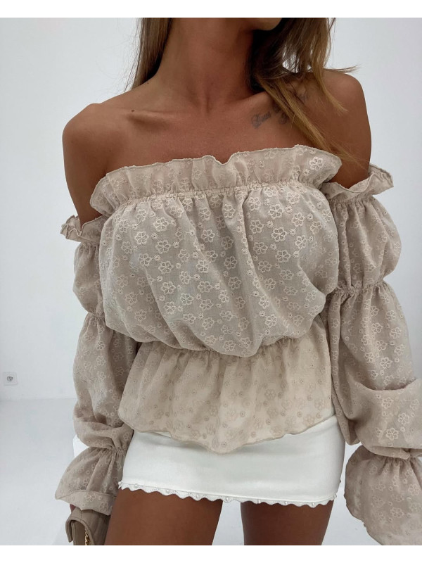 Bluzka Hiszpanka Agatha Fashion Ażurowa Kwiaty Beż