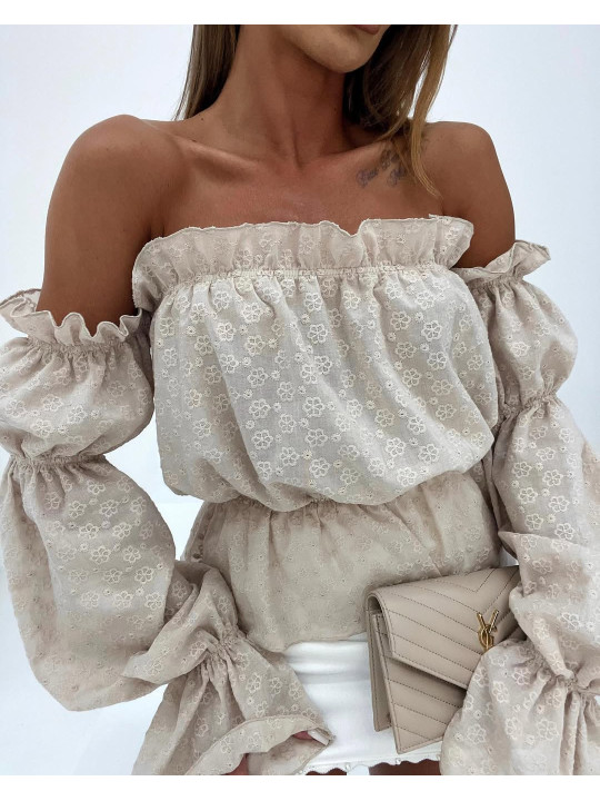 Bluzka Hiszpanka Agatha Fashion Ażurowa Kwiaty Beż