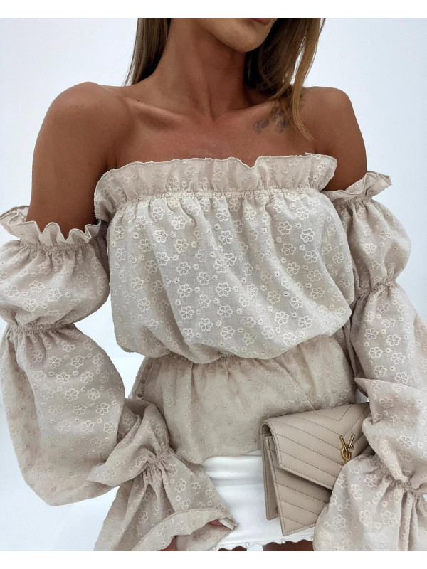 Bluzka Hiszpanka Agatha Fashion Ażurowa Kwiaty Beż