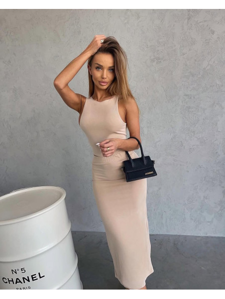 Komplet Czarny Agatha Fashion Top + Spódnica Beż