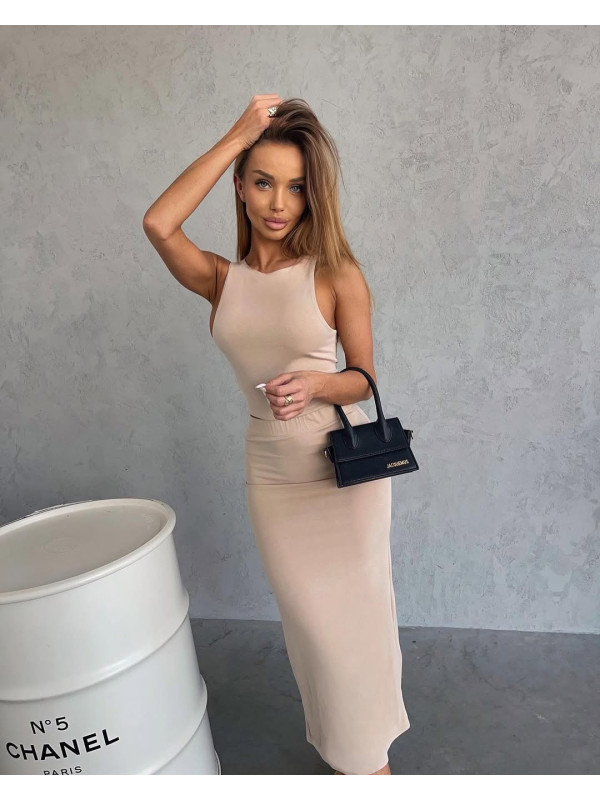 Komplet Czarny Agatha Fashion Top + Spódnica Beż