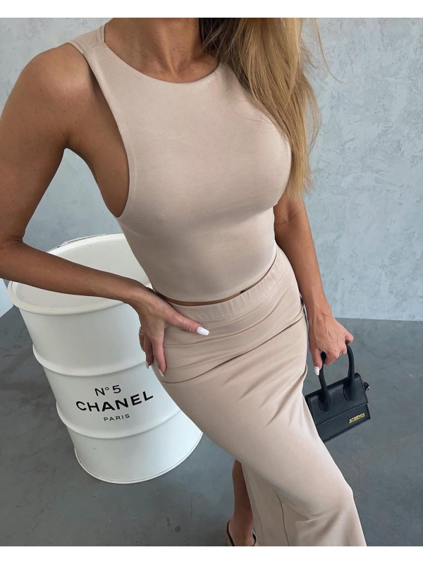 Komplet Czarny Agatha Fashion Top + Spódnica Beż