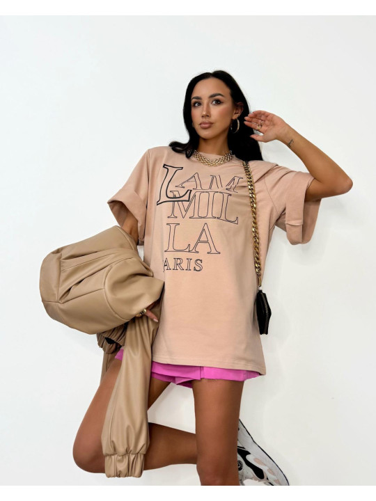 T-shirt z logo La Milla Paris - Beżowy